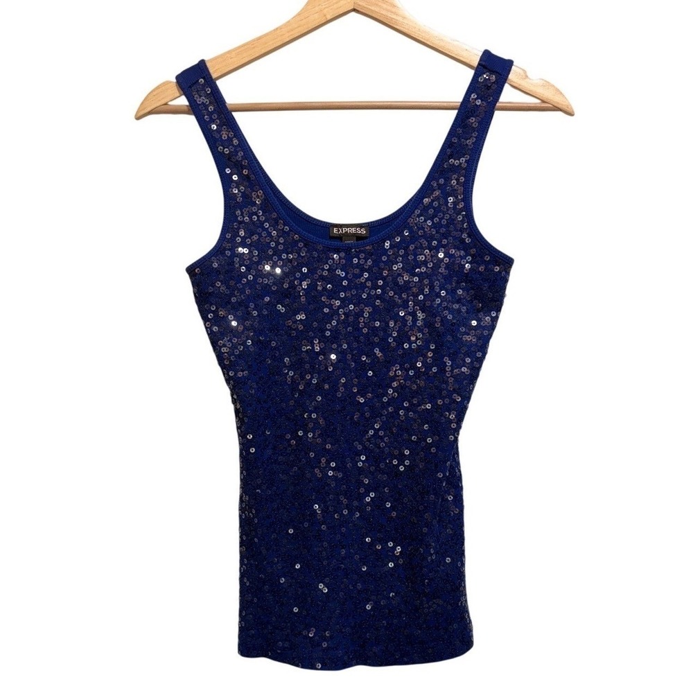 Vintage Y2K Express Sequin Rib Tank Top S Blue Concert Fairy Grunge McBling